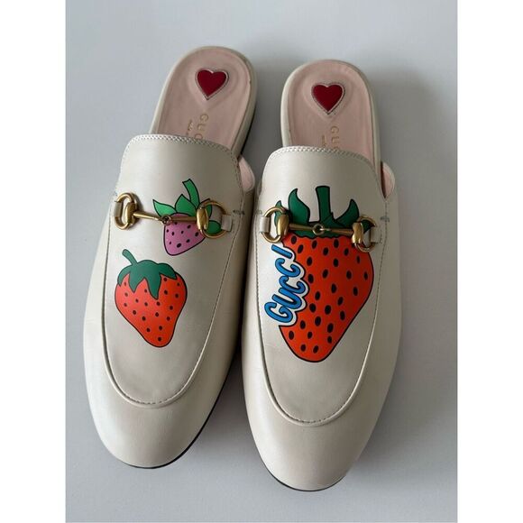 Gucci Strawberry Brixton Leather Loafer Mules Flats Multicolor Women's Size 38.5 - Picture 2 of 8